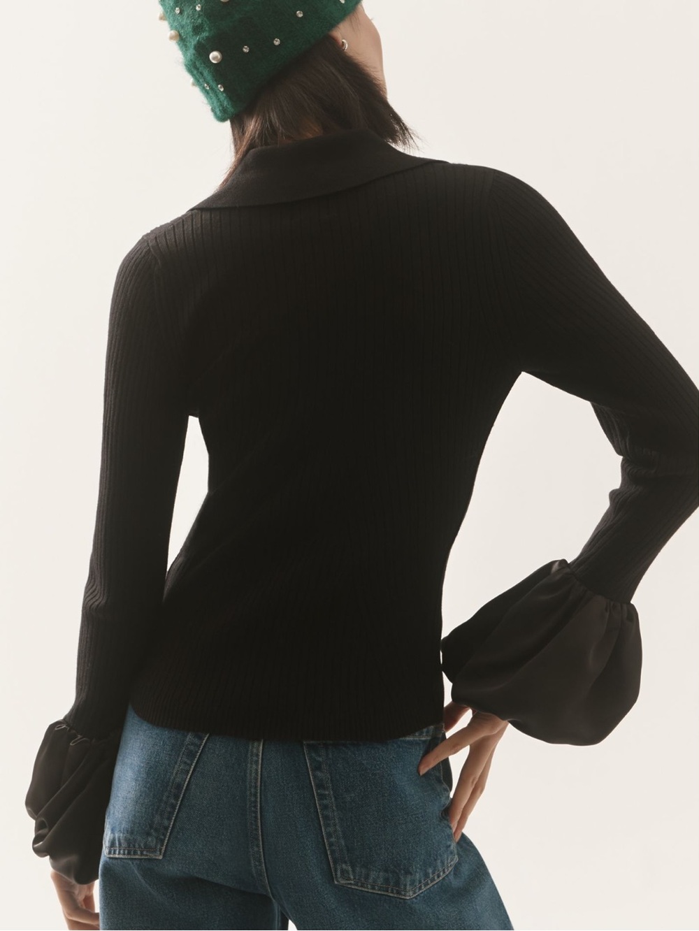Anthropologie Maeve Satin Cuff Polo Sweater - Picture 2 of 7
